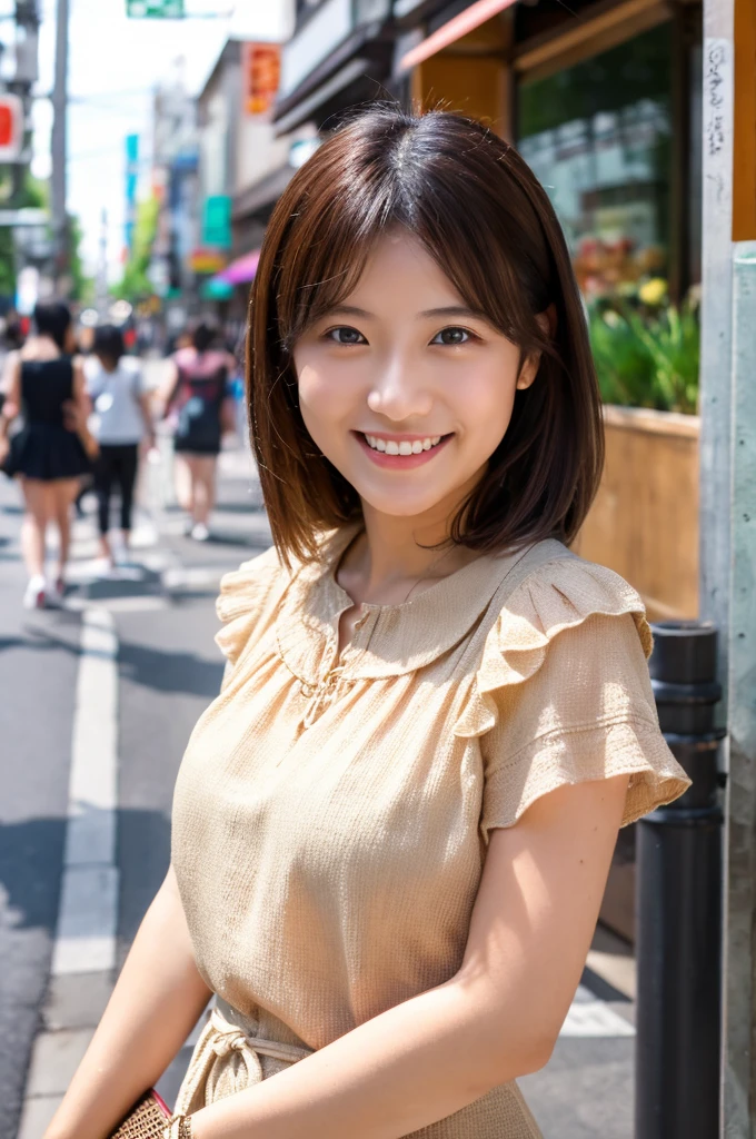 ((Highest quality)), ((masterpiece)), (detailed), Japanese,Beauty,Street Corner,OL,blouse,smile