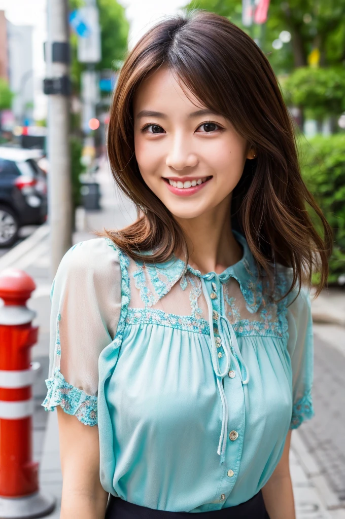 ((Highest quality)), ((masterpiece)), (detailed), Japanese,Beauty,Street Corner,OL,blouse,smile
