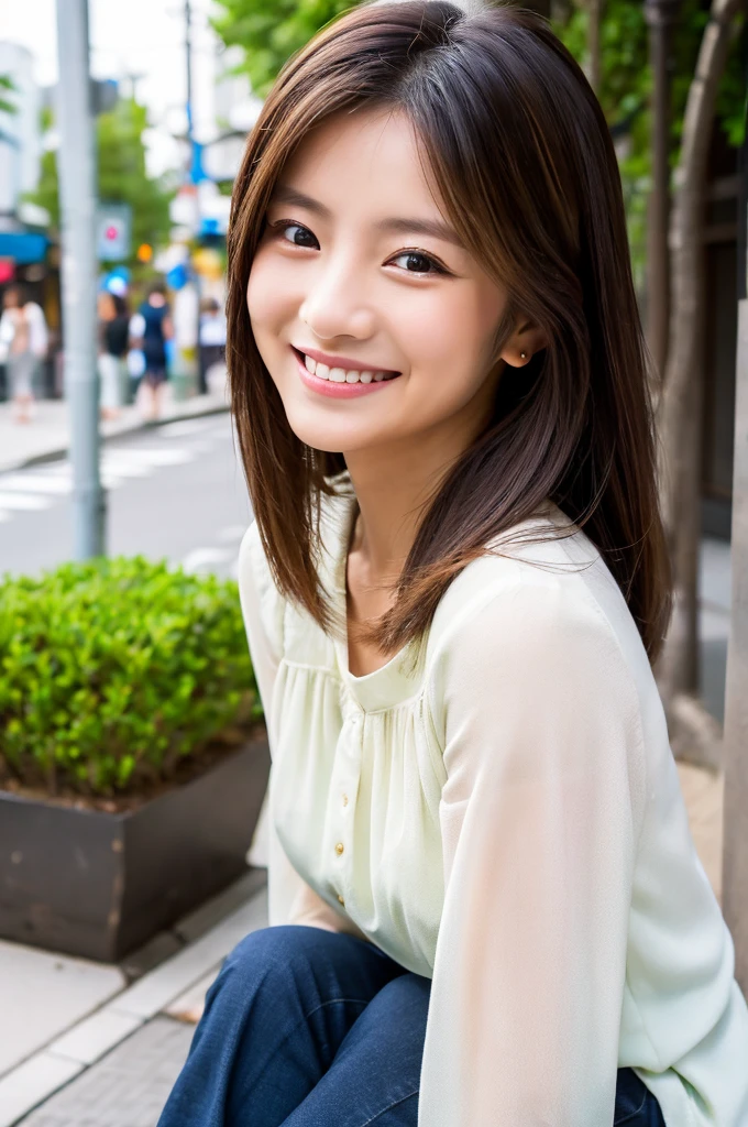 ((Highest quality)), ((masterpiece)), (detailed), Japanese,Beauty,Street Corner,OL,blouse,smile