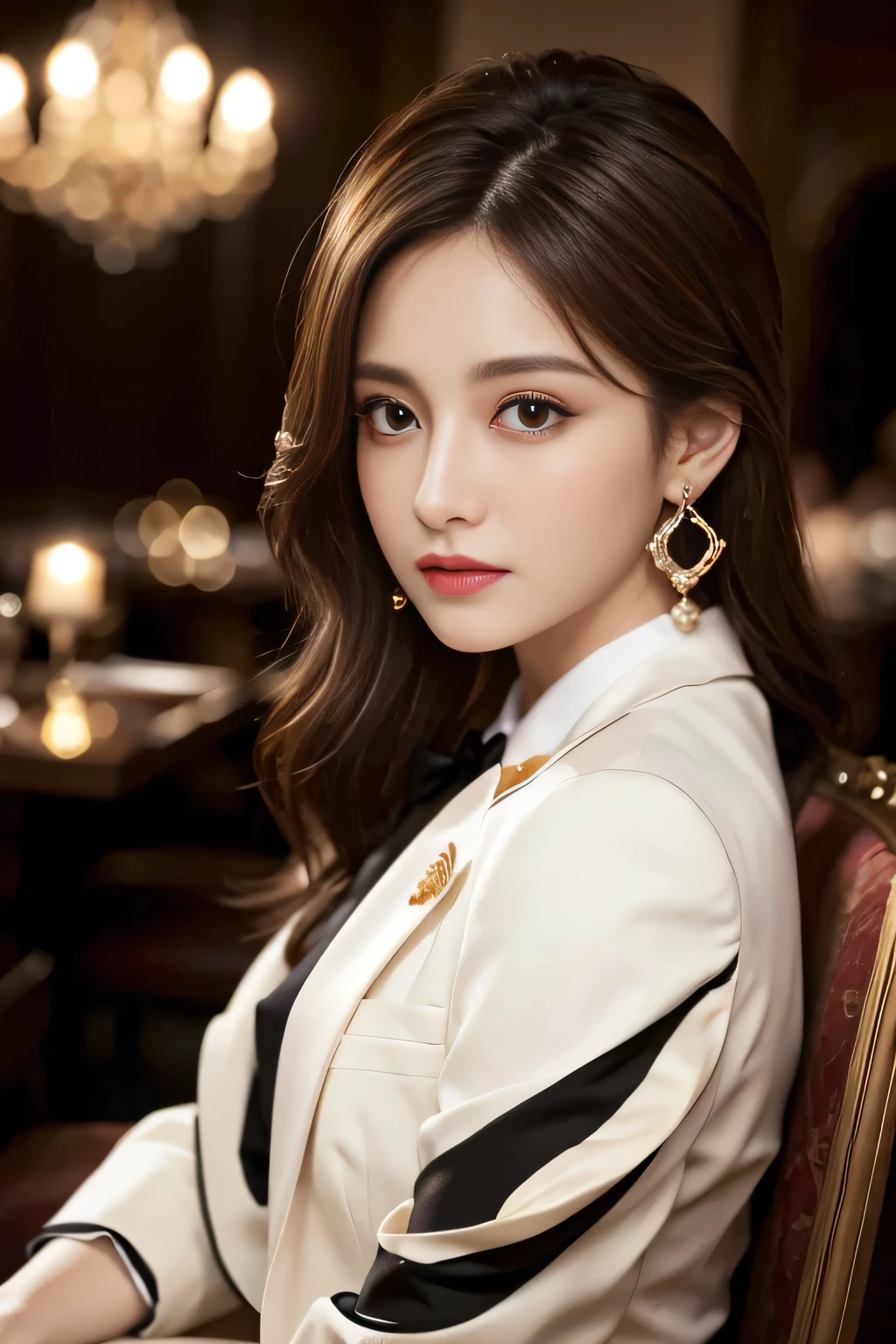 masterpiece, Highest quality, Realistic, Very detailed, Finer details, High resolution, 8k wallpaper, One beautiful woman, Wear a nice suit, In a great restaurant, At night, Light brown messy hair, Perfect dynamic composition, Beautiful and beautiful eyes、Big earrings、Sit on a chair、