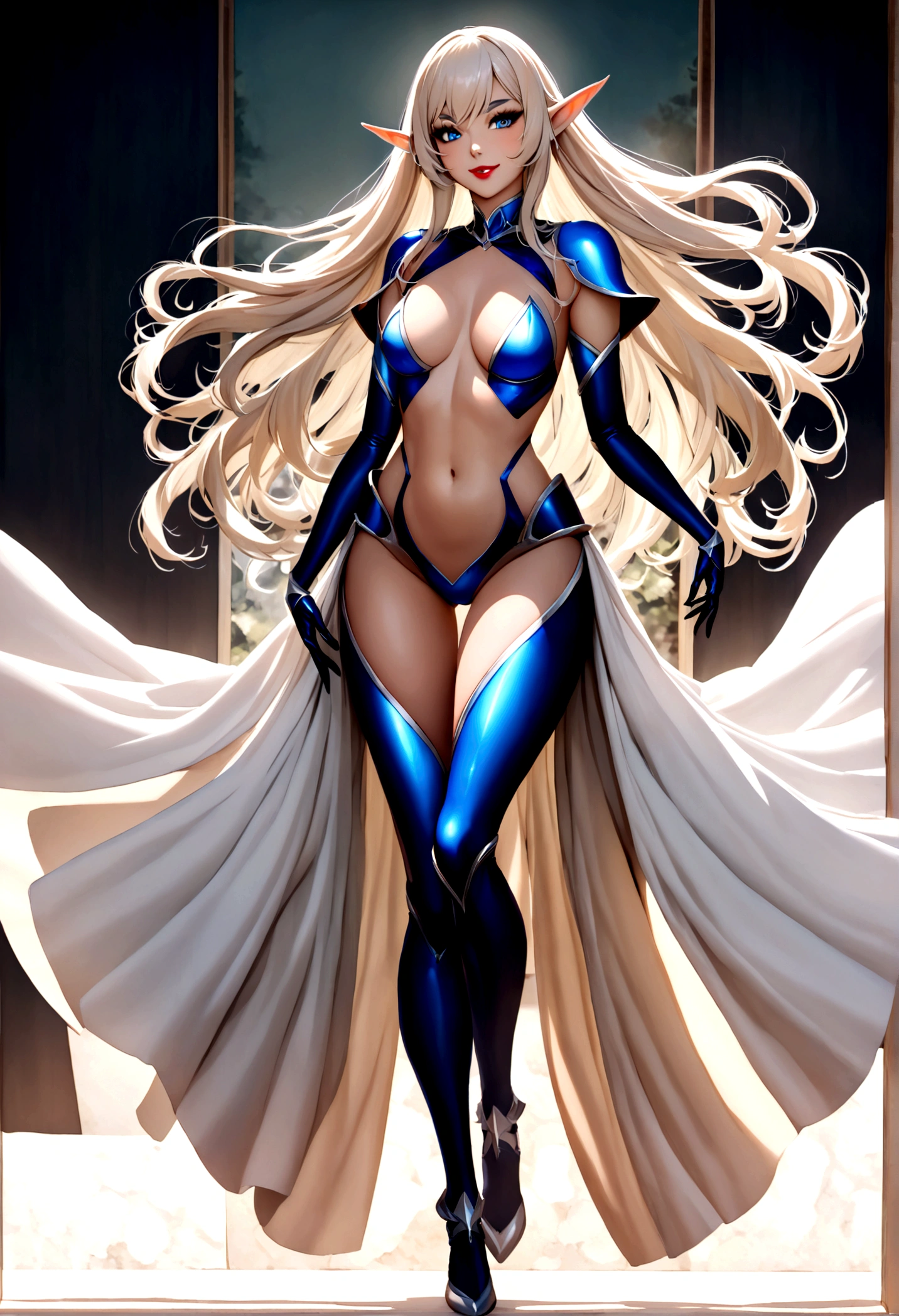 Create an image of the most stunningly gorgeous beautiful perfect sexy elf, absolutely gorgeous face, long luscious eyelashes, black eyeliner, curved eyebrows, perfect makeup, lipstick, perfect complexion, beautiful silky smooth skin, long luscious platinum blonde hair, detailed sapphire eyes, beautiful hour glass body figure, smiling, sexy elf armor , full body view,