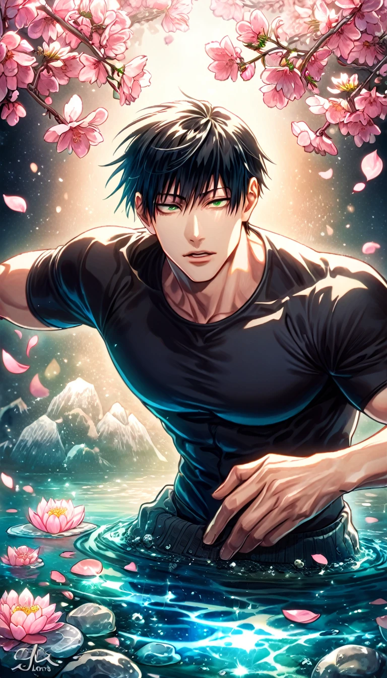absurdres, highres, ultra detailed, HDR, master piece, best quality, Fushiguro Touji, straight black hair, expressive green eyes, Jujutsu Kaisen, solo, sexy man, handsome, black tight T-shirt, fantasy, shining, water, pink flowers, pink blossoms, pink petals