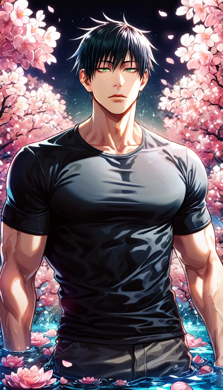 absurdres, highres, ultra detailed, HDR, master piece, best quality, Fushiguro Touji, straight black hair, expressive green eyes, Jujutsu Kaisen, solo, sexy man, handsome, black tight T-shirt, fantasy, shining, water, pink flowers, pink blossoms, pink petals