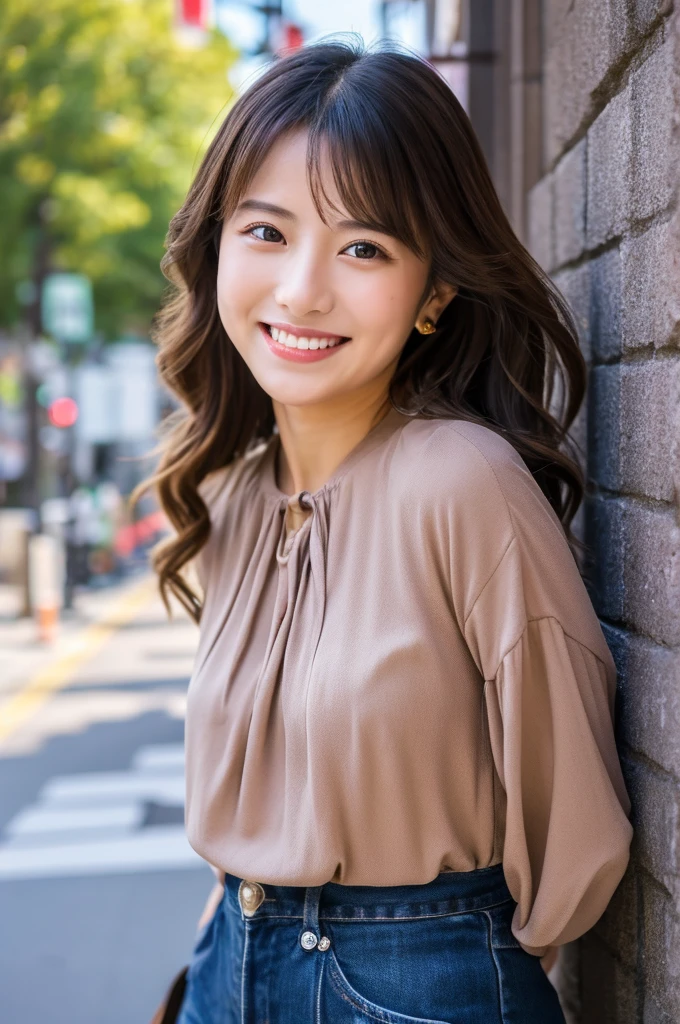 ((Highest quality)), ((masterpiece)), (detailed), Japanese,Beauty,Street Corner,OL,blouse,smile