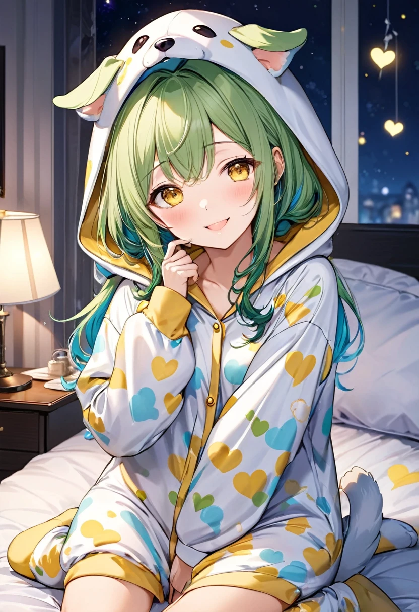 (Kigurumi pajamas style) (15 yo, solo green hair long hair cute girl, cute yellow eyes, love smile medium ????), (in a dog hooded, dog kigurumi pajamas), break, in the lovely bedroom of night, BREAK, masterpiece, best quality, 16k, beautiful detailed night, daydreaming expression.
