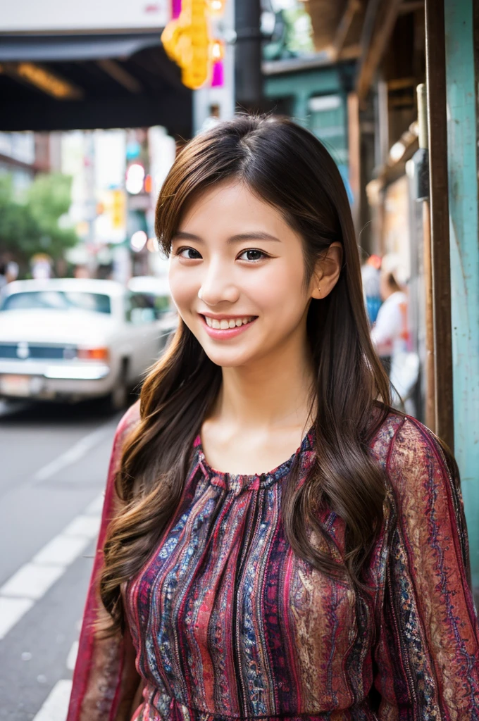 ((Highest quality)), ((masterpiece)), (detailed), Japanese,Beauty,Street Corner,OL,blouse,smile