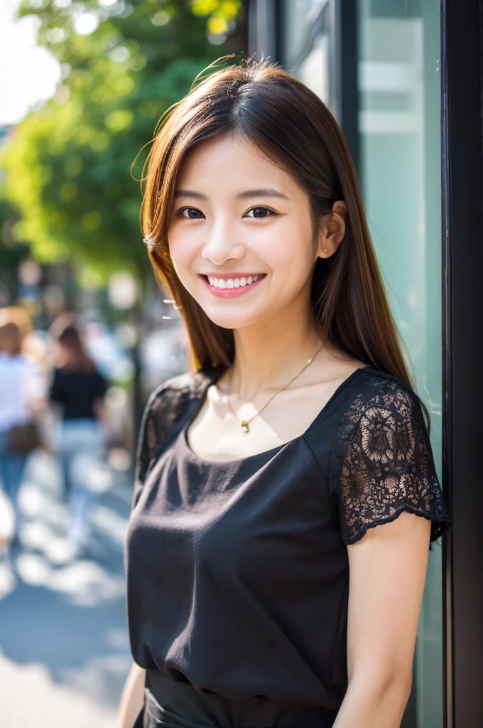 ((Highest quality)), ((masterpiece)), (detailed), Japanese,Beauty,Street Corner,OL,blouse,smile