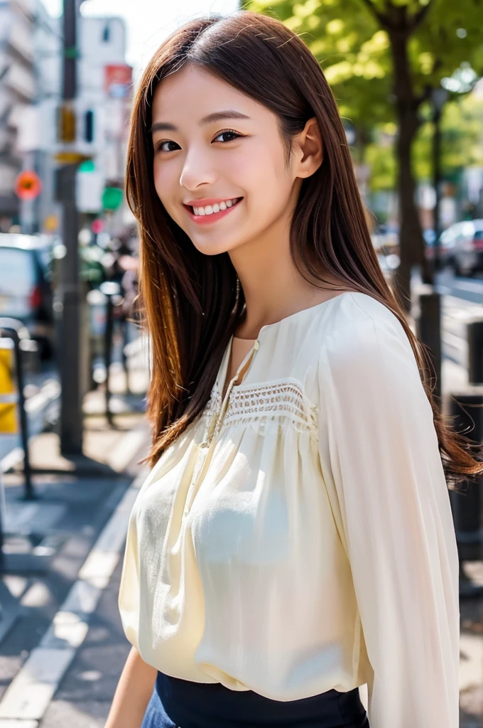 ((Highest quality)), ((masterpiece)), (detailed), Japanese,Beauty,Street Corner,OL,blouse,smile