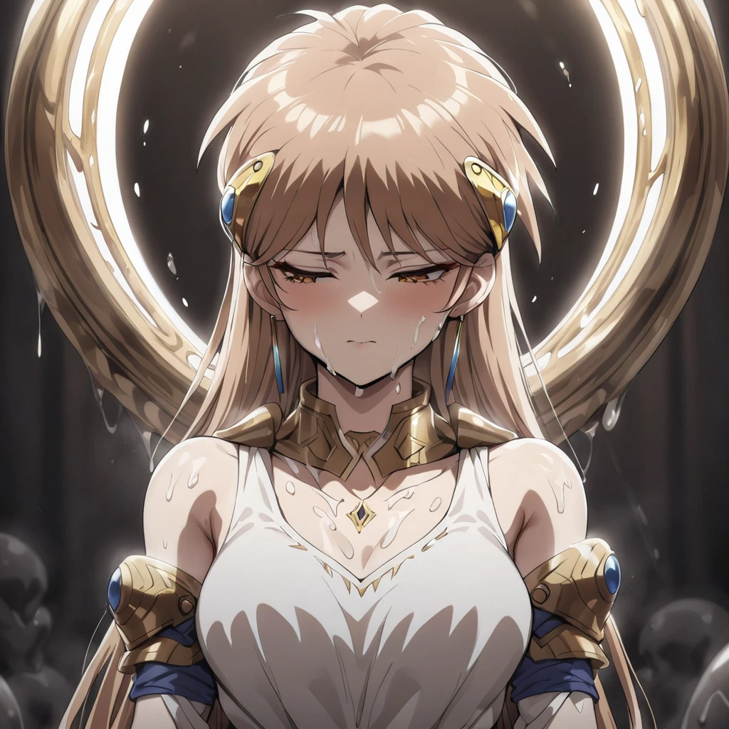 ((Highest quality)), ((masterpiece)), (detailed), (Perfect Face)、The woman is Princess Leona, with long light brown hair, and is trapped in a biocapsule filled with culture fluid.
