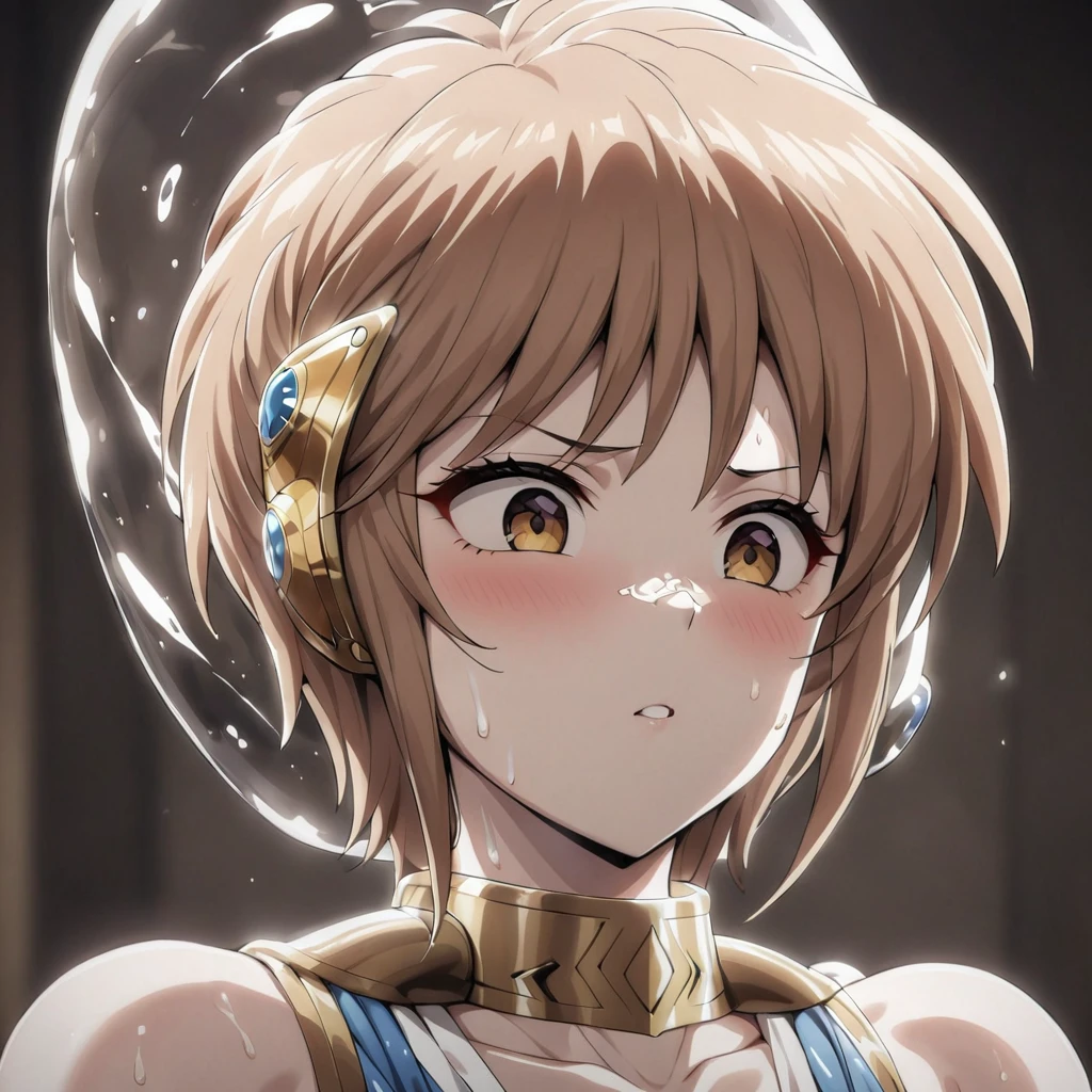 ((Highest quality)), ((masterpiece)), (detailed), （Perfect Face）、The woman is Princess Leona, with long light brown hair, and is trapped in a biocapsule filled with culture fluid.