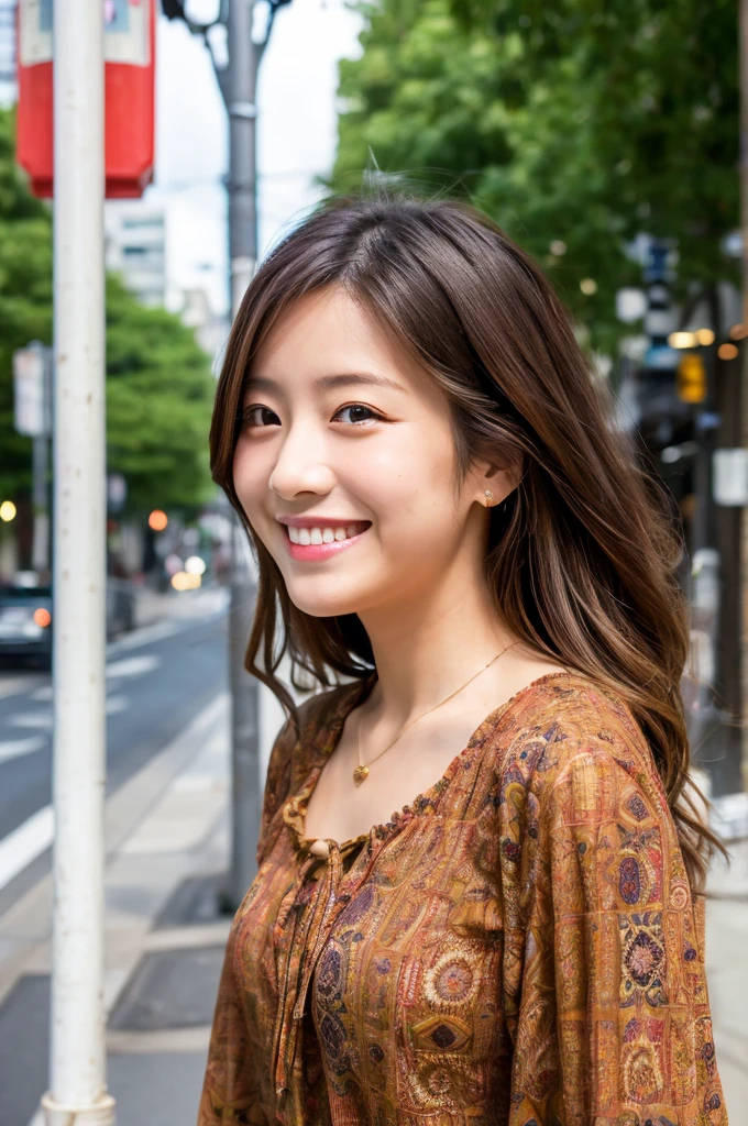 ((Highest quality)), ((masterpiece)), (detailed), Japanese,Beauty,Street Corner,OL,blouse,smile