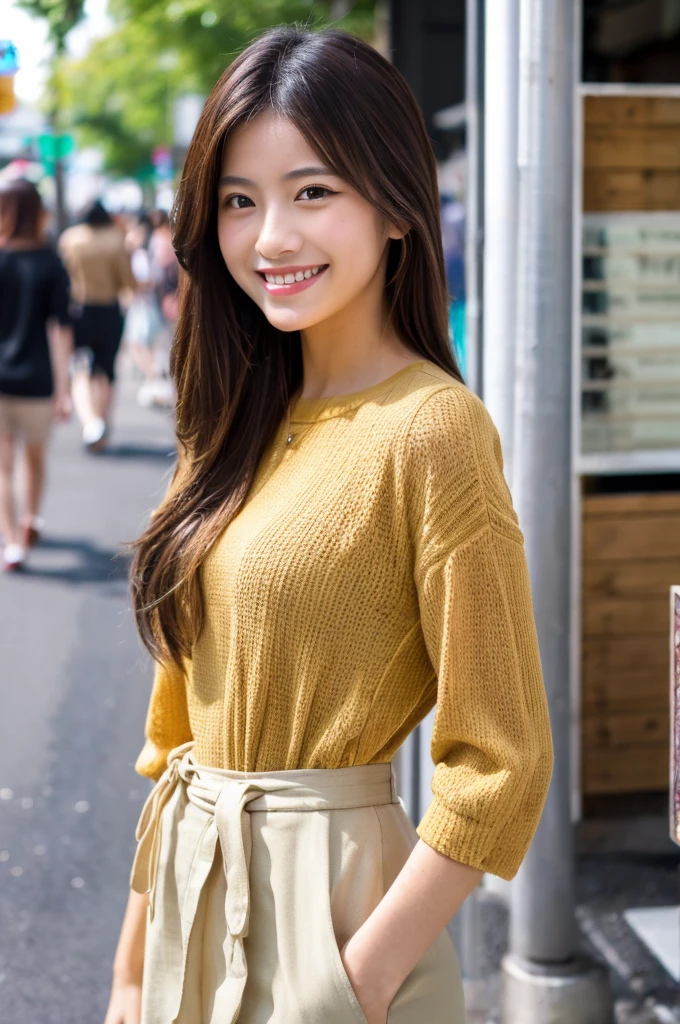 ((Highest quality)), ((masterpiece)), (detailed), Japanese,Beauty,Street Corner,OL,blouse,smile