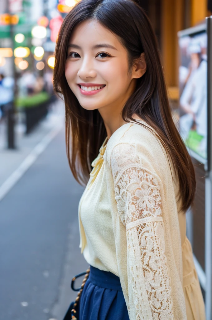 ((Highest quality)), ((masterpiece)), (detailed), Japanese,Beauty,Street Corner,OL,blouse,smile