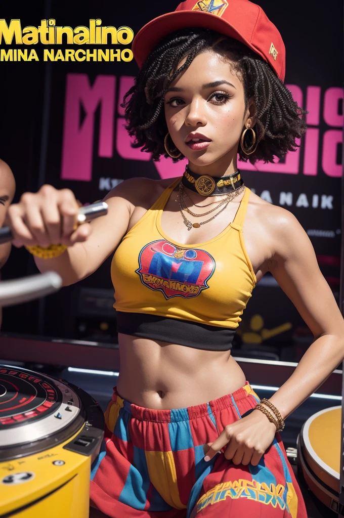 Make a rhythmic mandelão funk cover,with clowns and weapons in the background and written,dj natalina e mc king