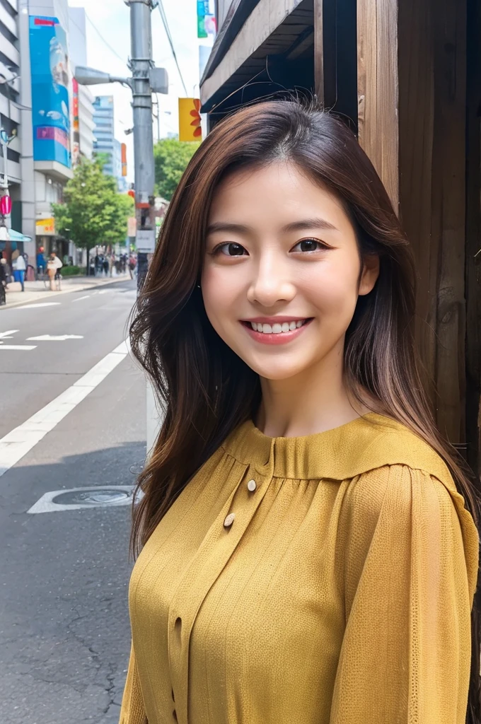 ((Highest quality)), ((masterpiece)), (detailed), Japanese,Beauty,Street Corner,OL,blouse,smile