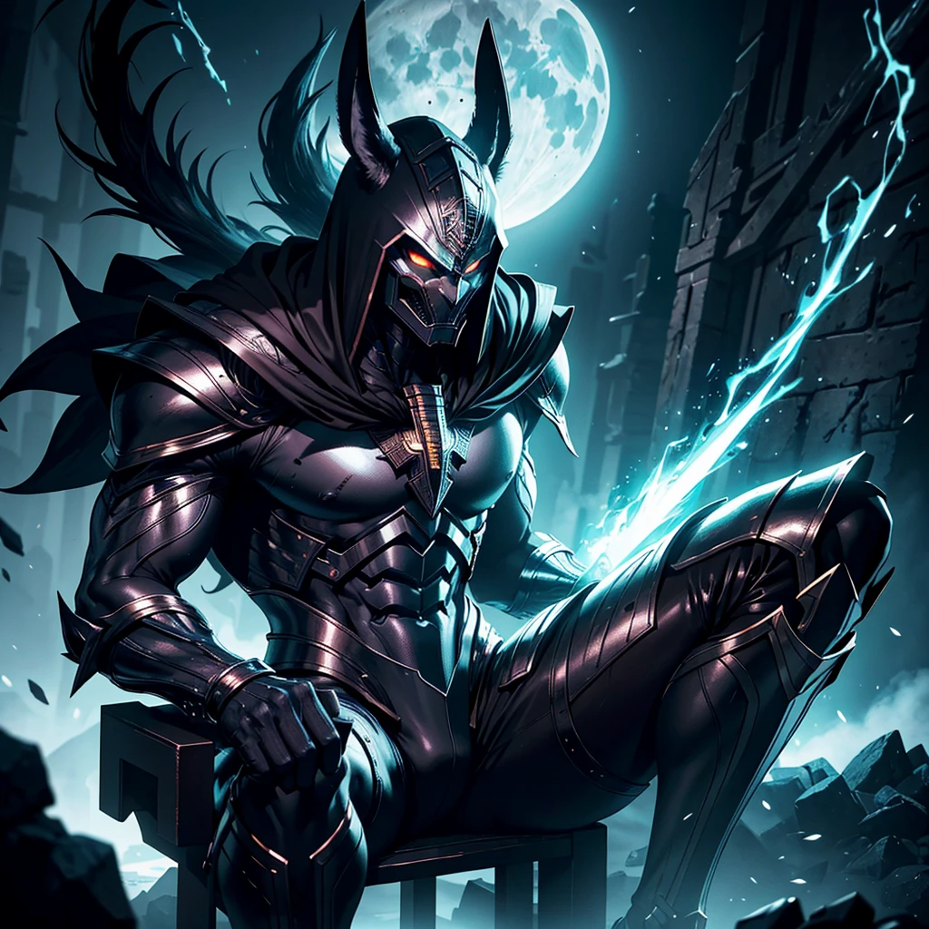 a highly detailed egyptian god of death, extremely tall, muscular and masculine death god, black jackal headed human body, god anubis, wearing  white metallic battle royal mantle armorsuit , with an air-flowing black cape,sitting on the throne chair of hell in badass position making strength symbol from his hands, epic dramatic moonlit night scene, cinematic lighting, ultra-detailed 8k, dslr quality, best quality, photorealistic, cinematic, dramatic, concept art style, moody, dynamic, muscular, imposing, powerful, majestic, heroic, 8k, dslr, high details, ultra hd