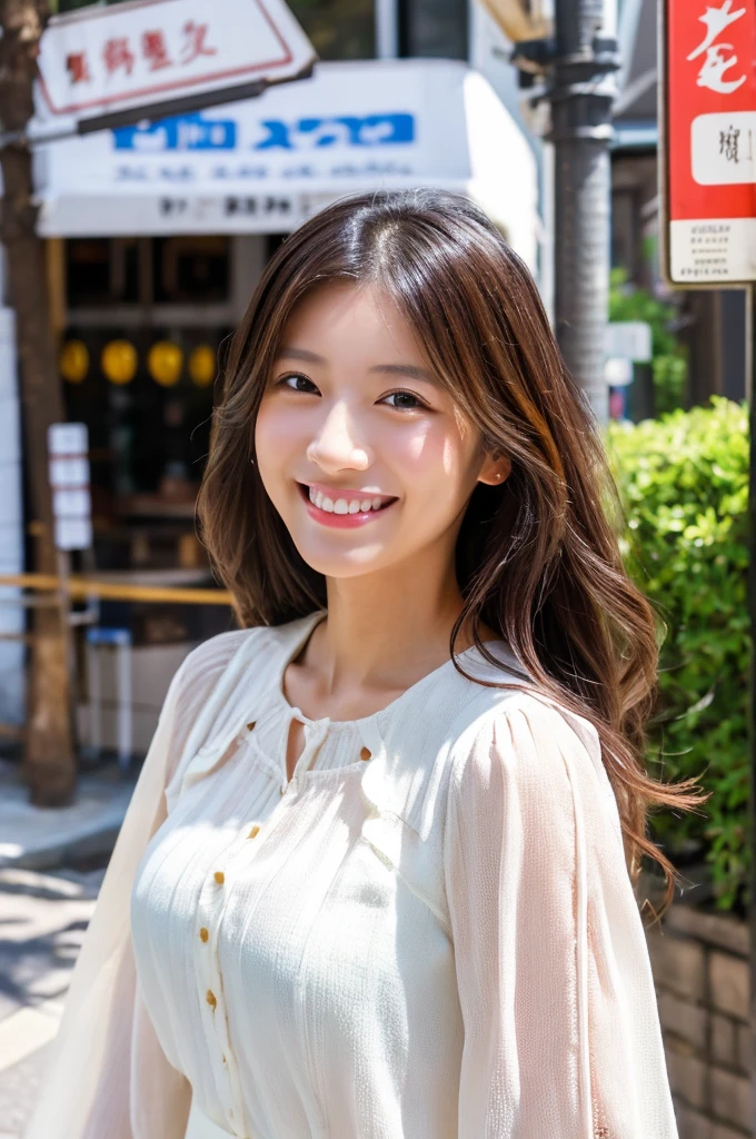 ((Highest quality)), ((masterpiece)), (detailed), Japanese,Beauty,Street Corner,OL,blouse,smile