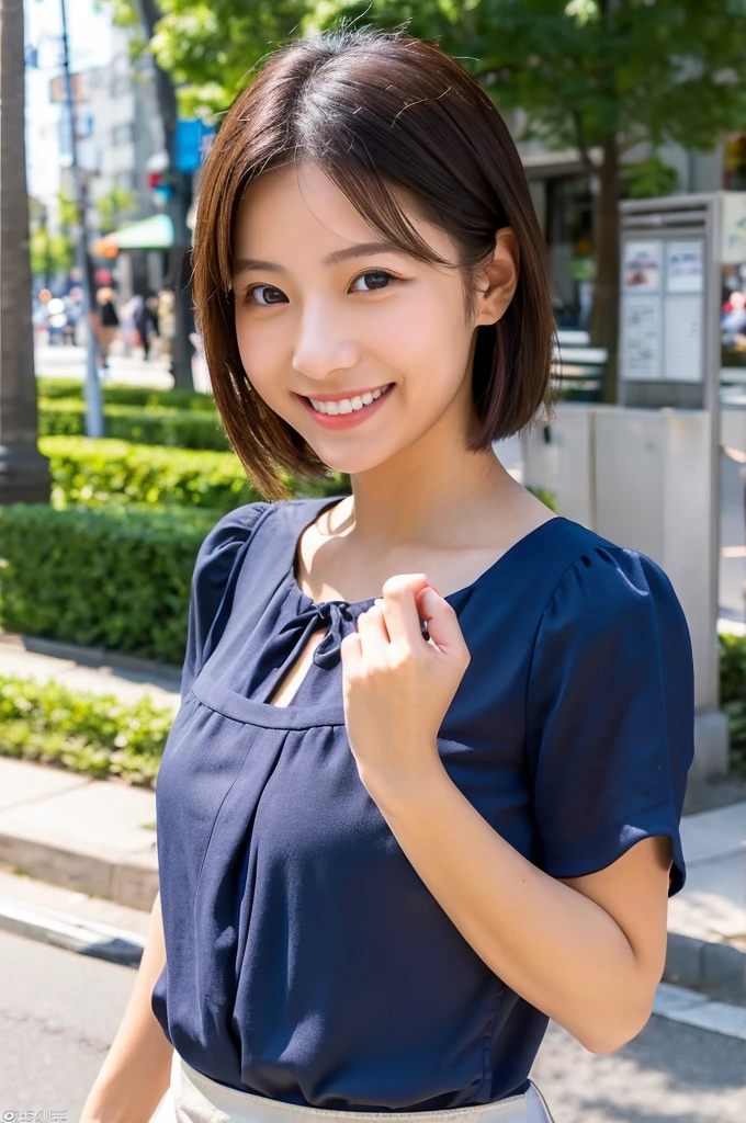 ((Highest quality)), ((masterpiece)), (detailed), Japanese,Beauty,Street Corner,OL,blouse,smile