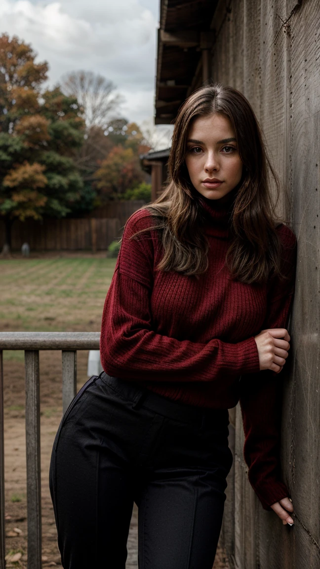 Araffe woman sitting on a fence wearing a red sweater and black boots, wearing a red turtleneck sweater, perfectly prepared, pose casual, wearing a red suit, attractive pose, Shot from the side, thoughtful pose, full body shot, striking pose, complete cinematographic shot, very artistic pose, voluminous sleeves, pose genial, Leaning against the wall, very tall woman, Black pants