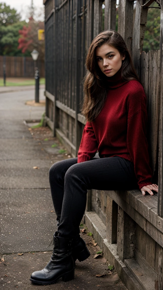 Araffe woman sitting on a fence wearing a red sweater and black boots, wearing a red turtleneck sweater, perfectly prepared, pose casual, wearing a red suit, attractive pose, Shot from the side, thoughtful pose, full body shot, striking pose, complete cinematographic shot, very artistic pose, voluminous sleeves, pose genial, Leaning , very tall woman, Black pants
