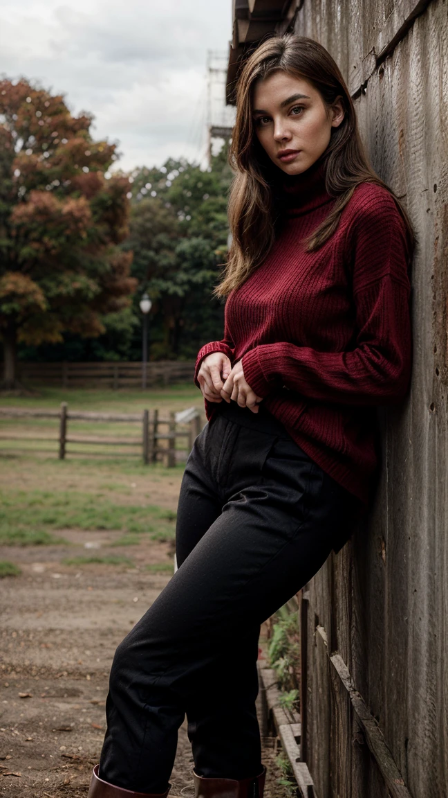 Araffe woman sitting on a fence wearing a red sweater and black boots, wearing a red turtleneck sweater, perfectly prepared, pose casual, wearing a red suit, attractive pose, Shot from the side, thoughtful pose, full body shot, striking pose, complete cinematographic shot, very artistic pose, voluminous sleeves, pose genial, Leaning against the wall, very tall woman, Black pants