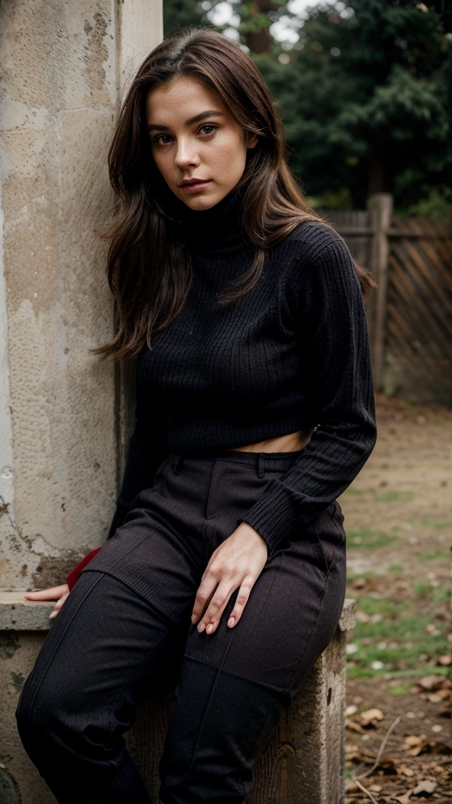 Araffe woman sitting on a fence wearing a red sweater and black boots, wearing a red turtleneck sweater, perfectly prepared, pose casual, wearing a red suit, attractive pose, Shot from the side, thoughtful pose, full body shot, striking pose, complete cinematographic shot, very artistic pose, voluminous sleeves, pose genial, Leaning against the wall, very tall woman, Black pants