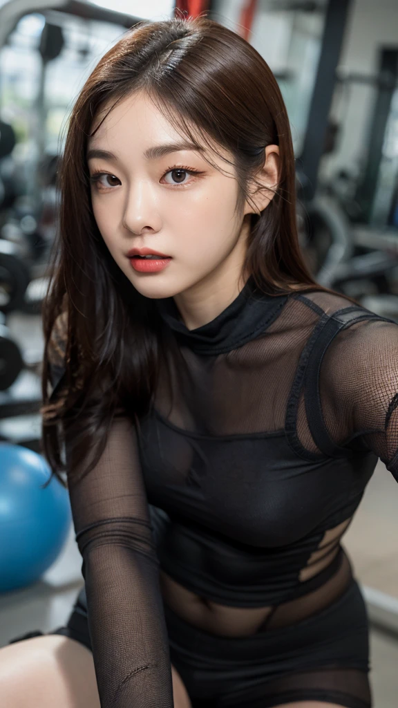 Highly detailed CG Unity 8K wallpapers,top Quority,Super detailed,tmasterpiece,realisticlying,photograph realistic,Very detailed cute girl,25 age old,musculature,Microabs,Round eyes,peeping at the viewer,Be red in the face,parted lip,Half-body shooting,
track suit , gym room,black fishnet stocking