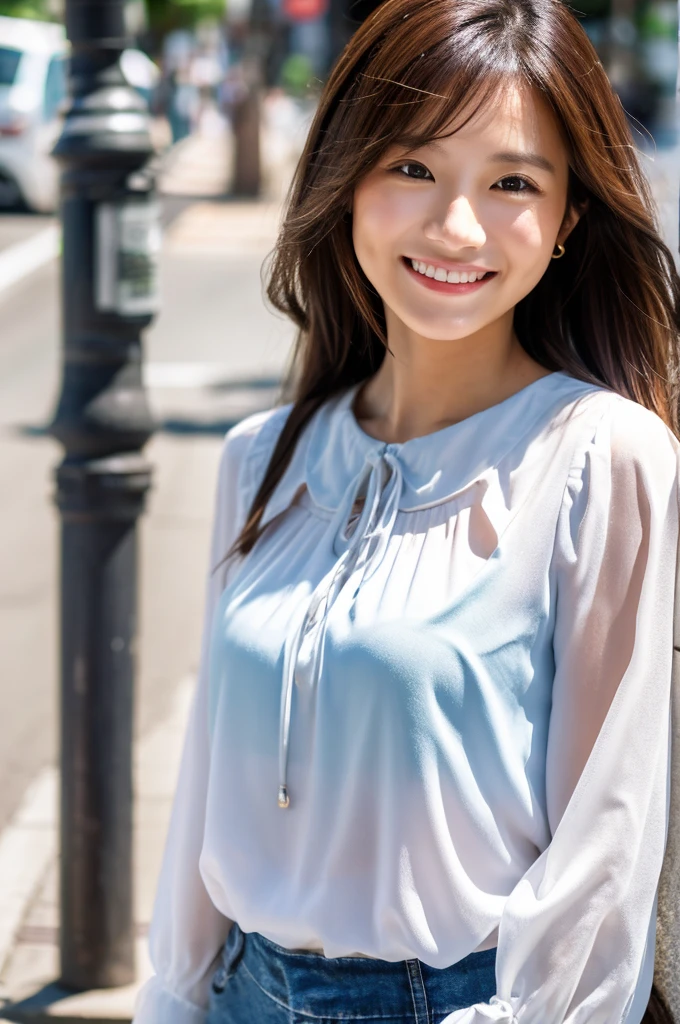 ((Highest quality)), ((masterpiece)), (detailed), Japanese,Beauty,Street Corner,OL,blouse,smile