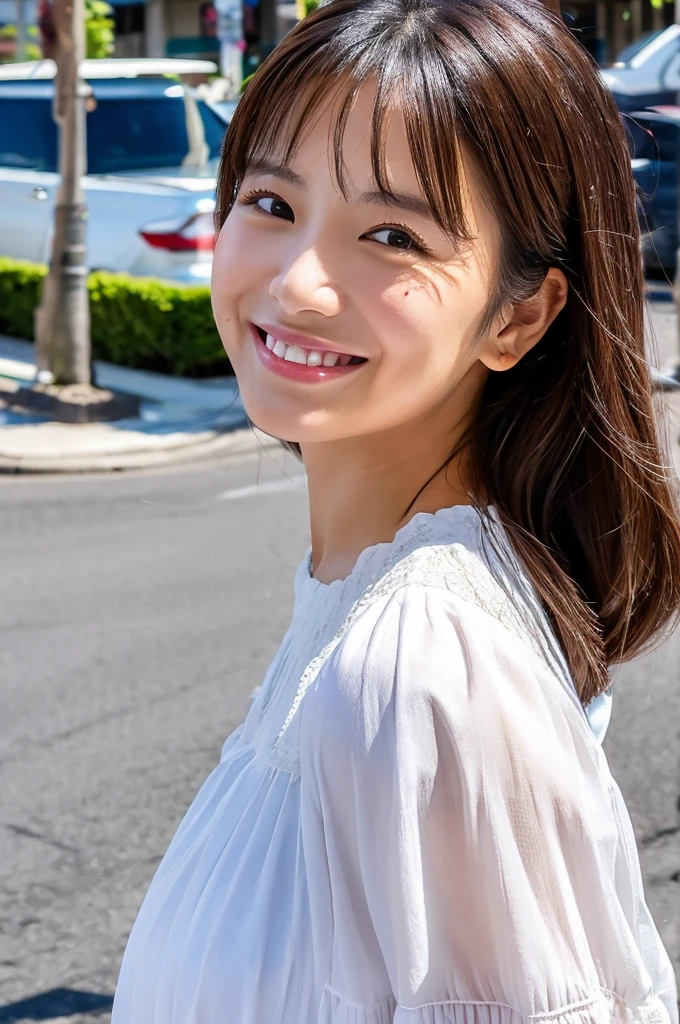 ((Highest quality)), ((masterpiece)), (detailed), Japanese,Beauty,Street Corner,OL,blouse,smile