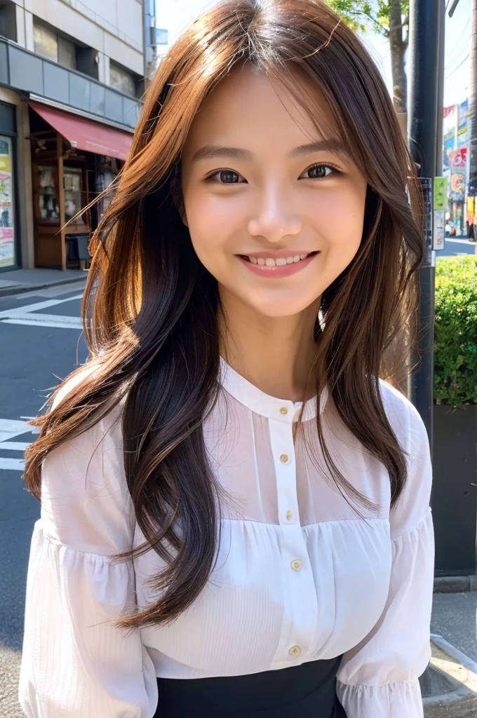 ((Highest quality)), ((masterpiece)), (detailed), Japanese,Beauty,Street Corner,OL,blouse,smile