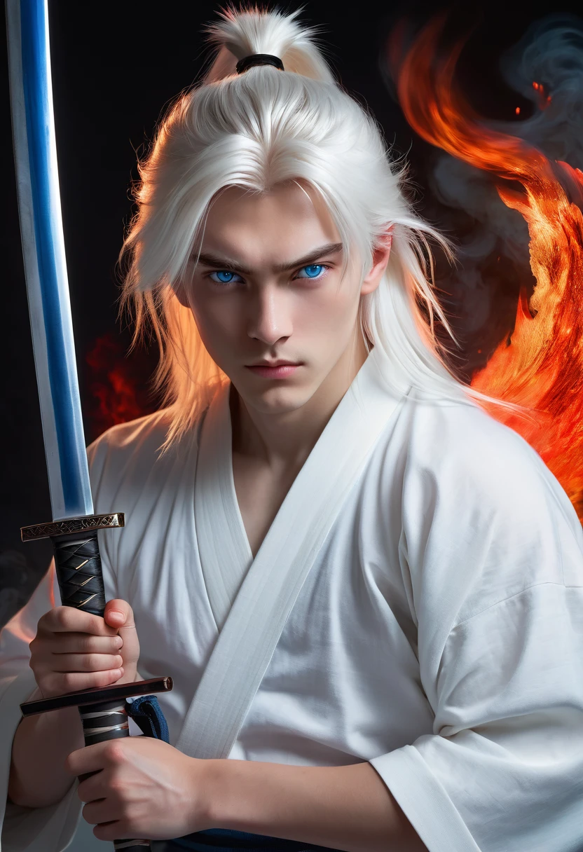  boy, long white hair, blue colored eyes, Russian ethnicity, wearing white urban samurai clothes, holding a katana, realist art, around an aura of red fire, 17 yearfeatures.