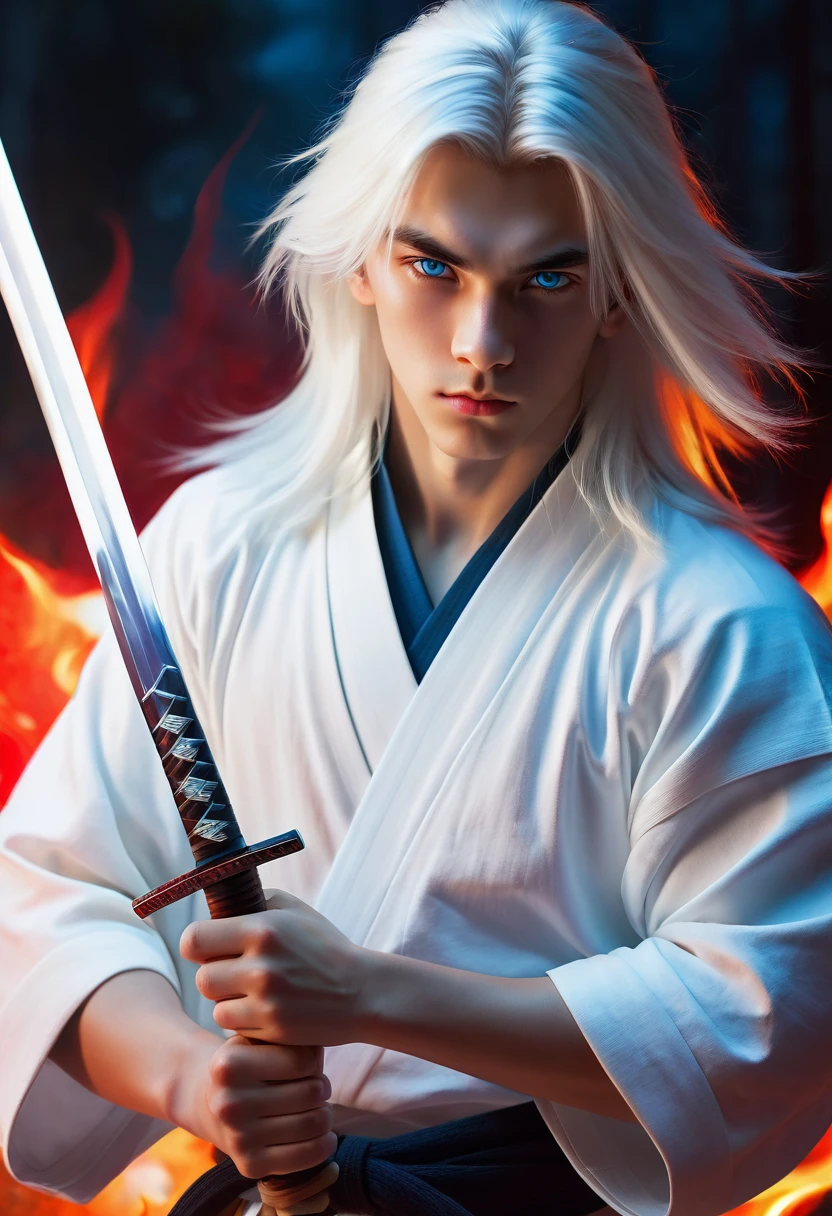 Teenage boy, long white hair, blue colored eyes, Russian ethnicity, wearing white urban samurai clothes, holding a katana, realist art, around an aura of red fire, 17 years old, calm features.