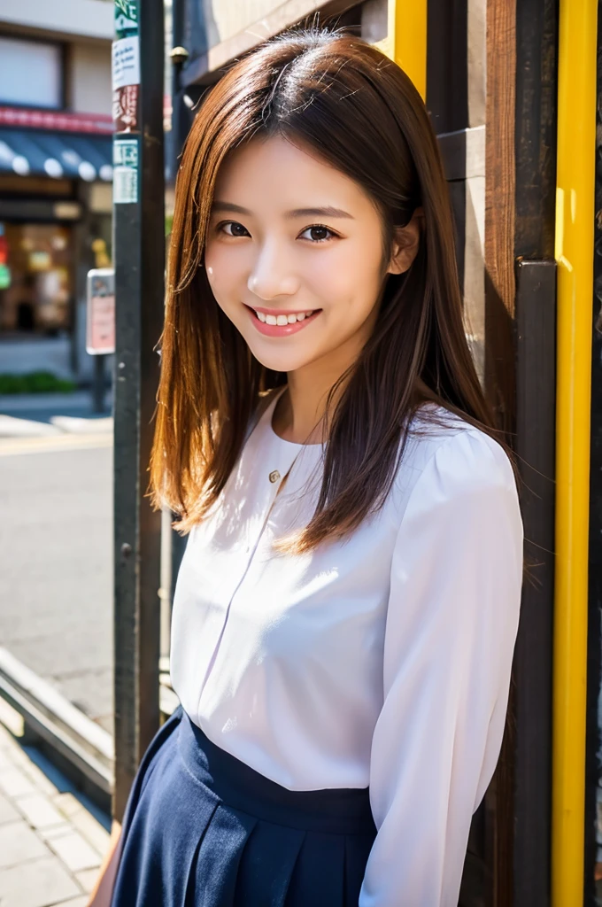 ((Highest quality)), ((masterpiece)), (detailed), Japanese,Beauty,Street Corner,OL,blouse,smile