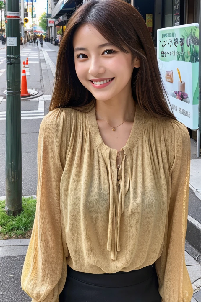((Highest quality)), ((masterpiece)), (detailed), Japanese,Beauty,Street Corner,OL,blouse,smile