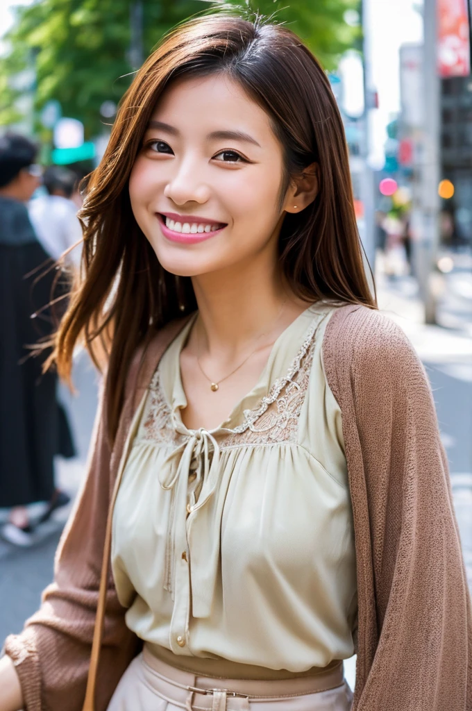 ((Highest quality)), ((masterpiece)), (detailed), Japanese,Beauty,Street Corner,OL,blouse,smile