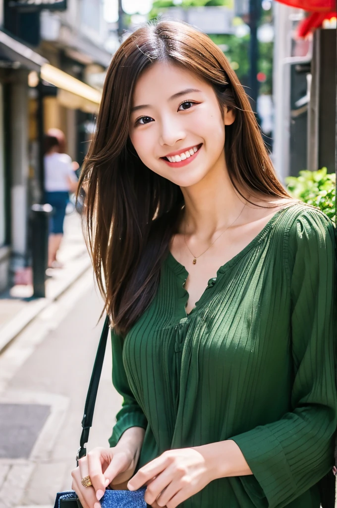 ((Highest quality)), ((masterpiece)), (detailed), Japanese,Beauty,Street Corner,OL,blouse,smile