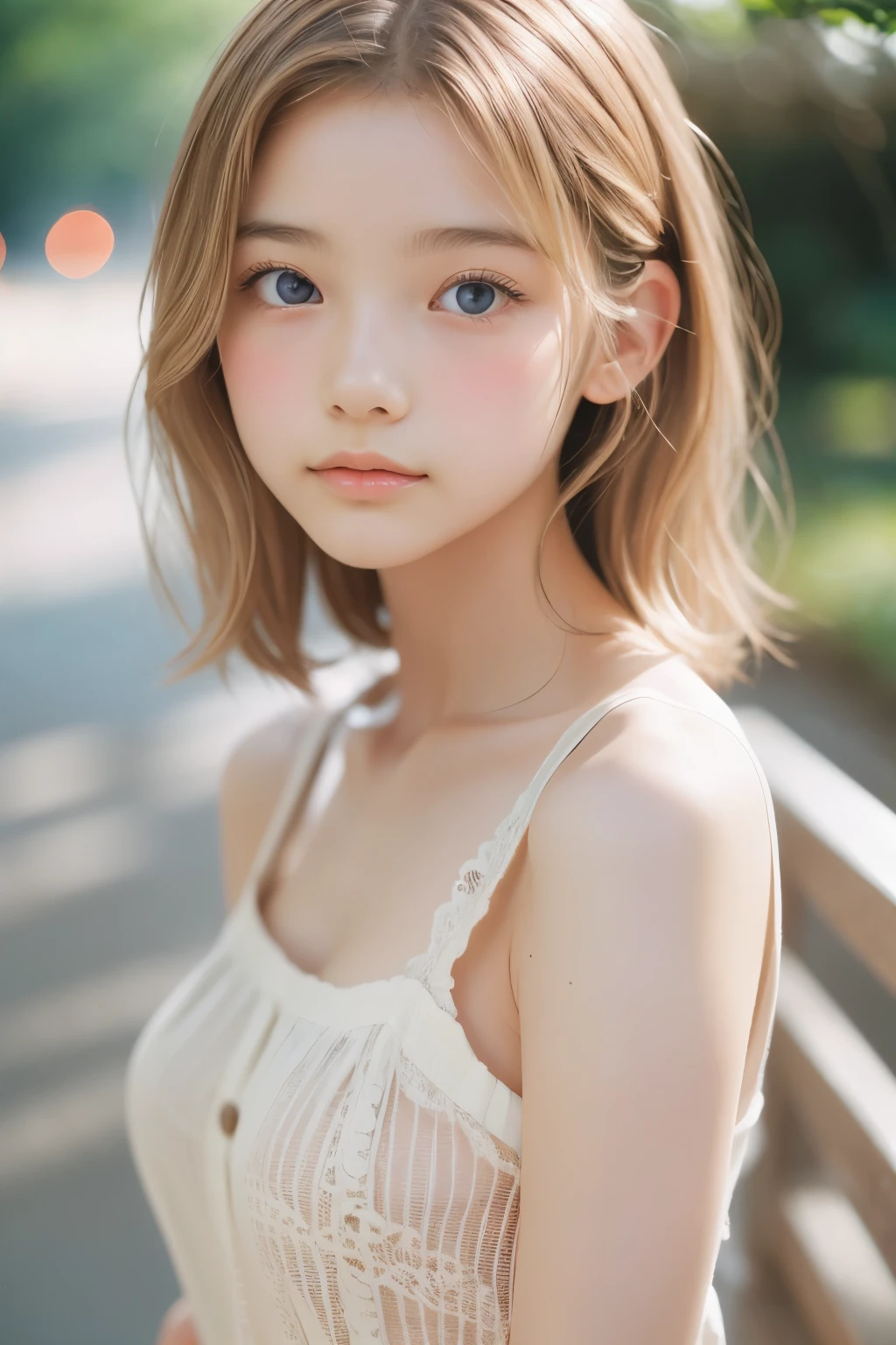 Film Portrait Photography, One girl, Bare shoulders, Shoulder-length blond wavy hair, Calm, Calm, (Realistic eyes, Natural skin texture, Realistic facial details), Soft and dramatic lighting, Depth of written boundary, Bokeh, Vivid details, In detail, Surreal, 35mm Film, Absent-minded, movie,