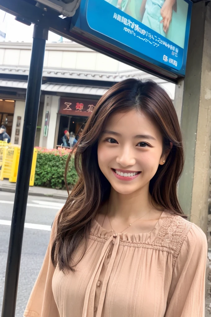 ((Highest quality)), ((masterpiece)), (detailed), Japanese,Beauty,Street Corner,OL,blouse,smile