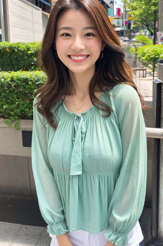 ((Highest quality)), ((masterpiece)), (detailed), Japanese,Beauty,Street Corner,OL,blouse,smile