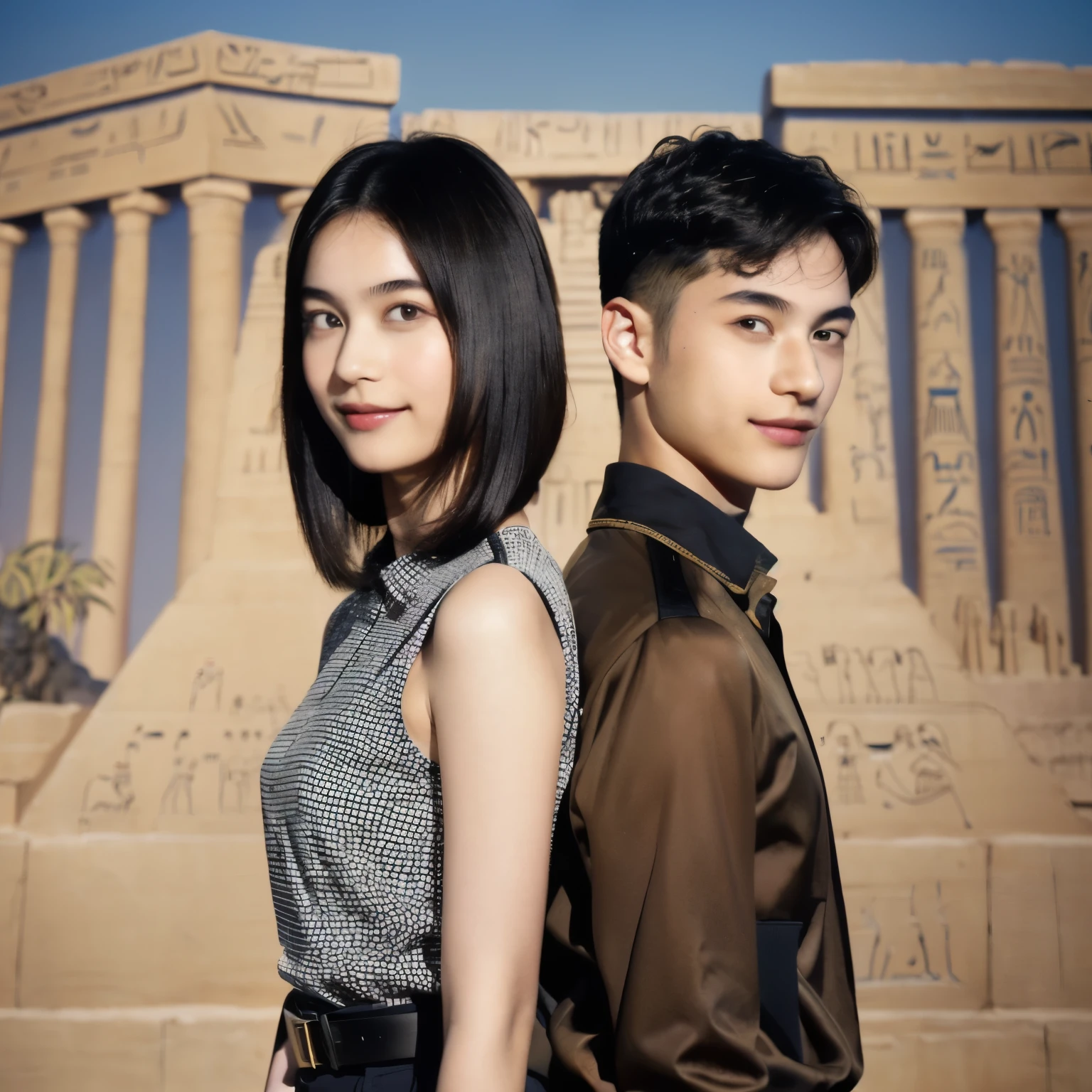 246 (In the mural２people々々々々々々々々々々々々々), (An 18-year-old female and an 18-year-old male), short hair,kind, lipstick, Egyptian civilization, Waist belt, Hieroglyphics, smile