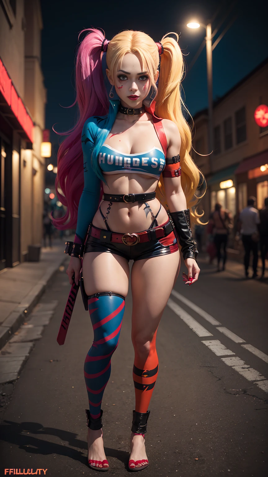 ((photo by full body, standing, Feet on the ground))  Vilão Harley Quinn, long colored hair, smeared makeup, tight costume, Buckle belt, A bat in hand, exteriors, nighttime city, highy detailed, Realistic full body photo