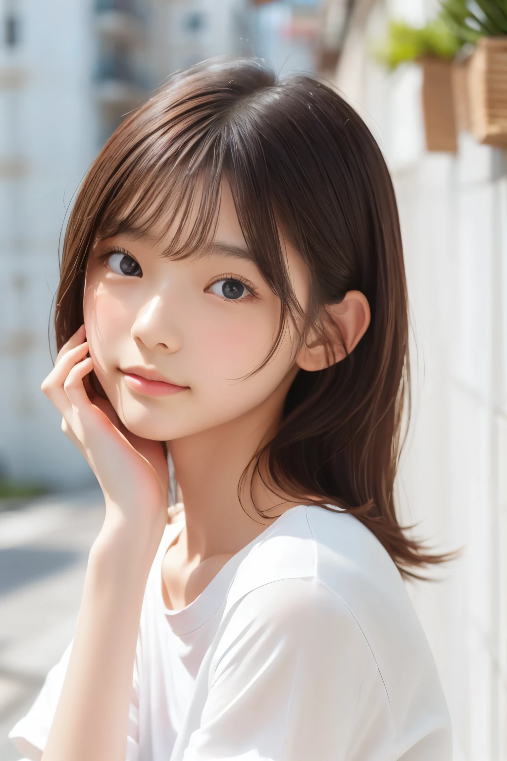 Asian, beautiful, thin, cute, 30th Generation, beautiful Face, beautiful Skin, actress, mature, Upper Body, Light brown hair, thin髪, Live Action, masterpiece, Highest quality, Highly detailed CG Unity 8K wallpaper, Ultra-high resolution, Casual Fashion, Lighting, Summer Fashion, (Natural brown hair: 0.8), (Puffy eyes), Watch the audience, turn around, Bleached Hair, Model pose, White Background, Delicate skin types, Light curly hair, Put your hands around your mouth, White T-shirt, Hair model photo