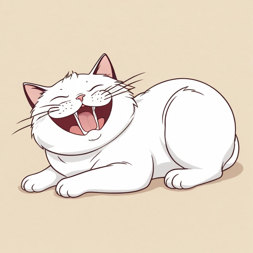 Anthropomorphic cute cat, narrow eyes, lying down and yawning loudly, one stroke, Japanese style animation touch, high image quality