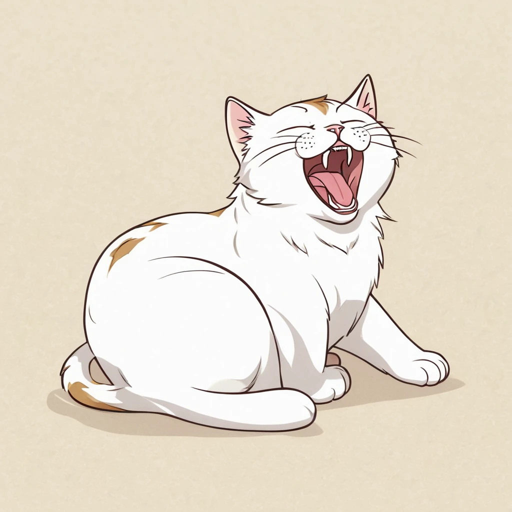 Anthropomorphic cute cat, narrow eyes, lying down and yawning loudly, one stroke, Japanese style animation touch, high image quality