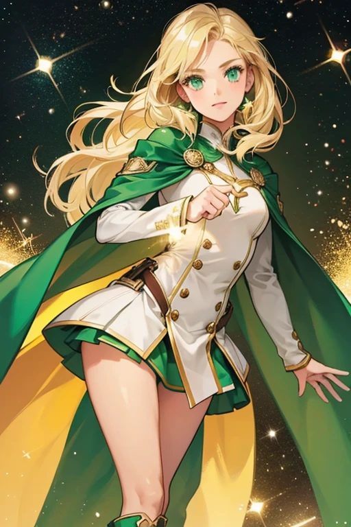 sHe has light, shoulder-length blond hair and green eyes. sHe wears a green uniform with matching cape, and tan boots. SPARKLE; GLITTER