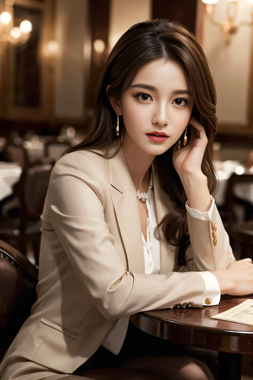 masterpiece, Highest quality, Realistic, Very detailed, Finer details, High resolution, 8k wallpaper, One beautiful woman, Wear a nice suit, In a great restaurant, At night, Light brown messy hair, Perfect dynamic composition, Beautiful and beautiful eyes、Big earrings、Sit on a chair、