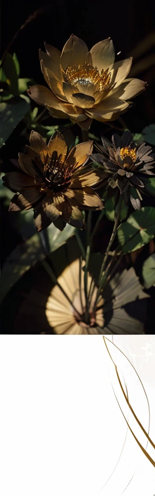 (masterpiece, best quality, 8k, sharp focus, depth of field, best shadows, golden lotus, black background