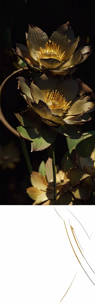 (masterpiece, best quality, 8k, sharp focus, depth of field, best shadows, golden lotus, black background