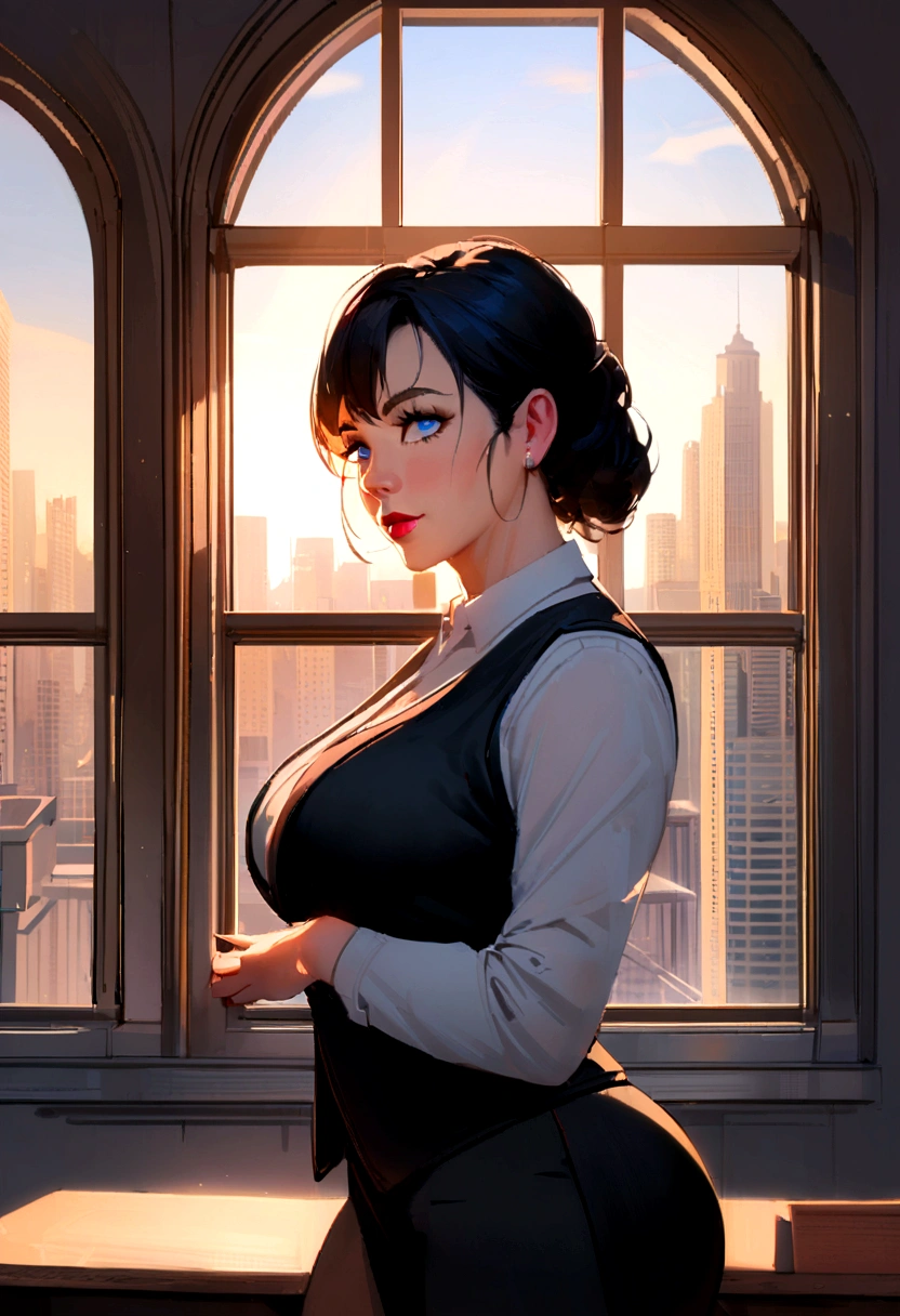 1 girl, mature female, vest, 弓, photoshot, realisitic, best qualityer, hires, face detailed, blue eyes detailed, DESK, window buildings, detailed back ground, diffused sunlight, Depth of field, bokeh