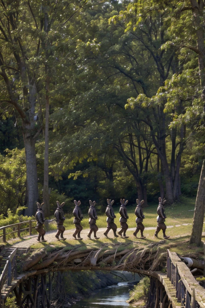 a side shot of a group of anthropomorphic rabbits dressed in leather skins walking upright single file across a bridge woven out of branches high up between 2 giant trees, masterpiece, best, photo realistic